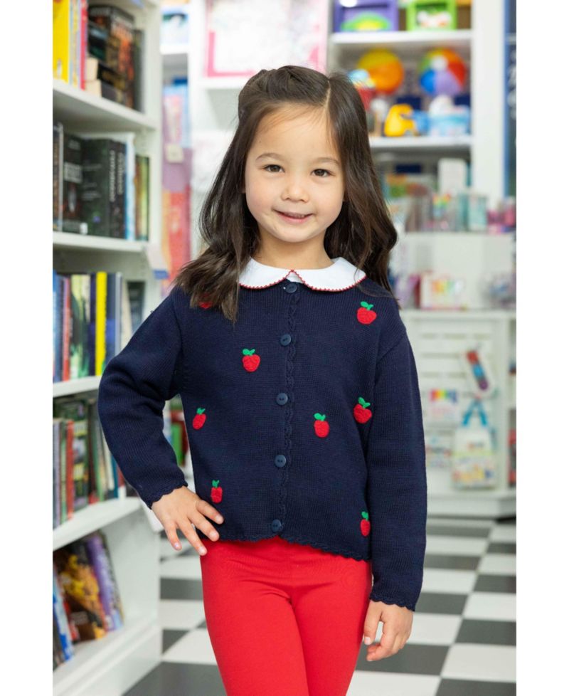 Toddler Girls' 2T-5T Long-Sleeve Crewneck Hand-Knit Red Apples Cardigan