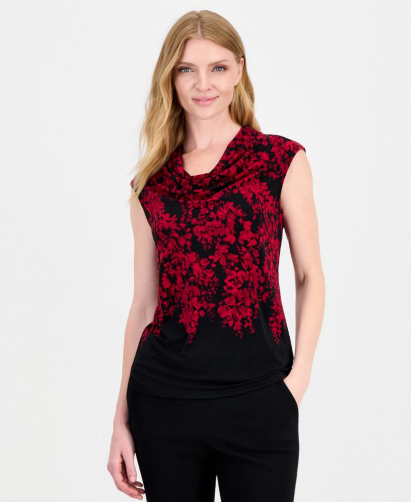 Women's Drape Front Cowl-Neck Cap-Sleeve Floral-Print Cami