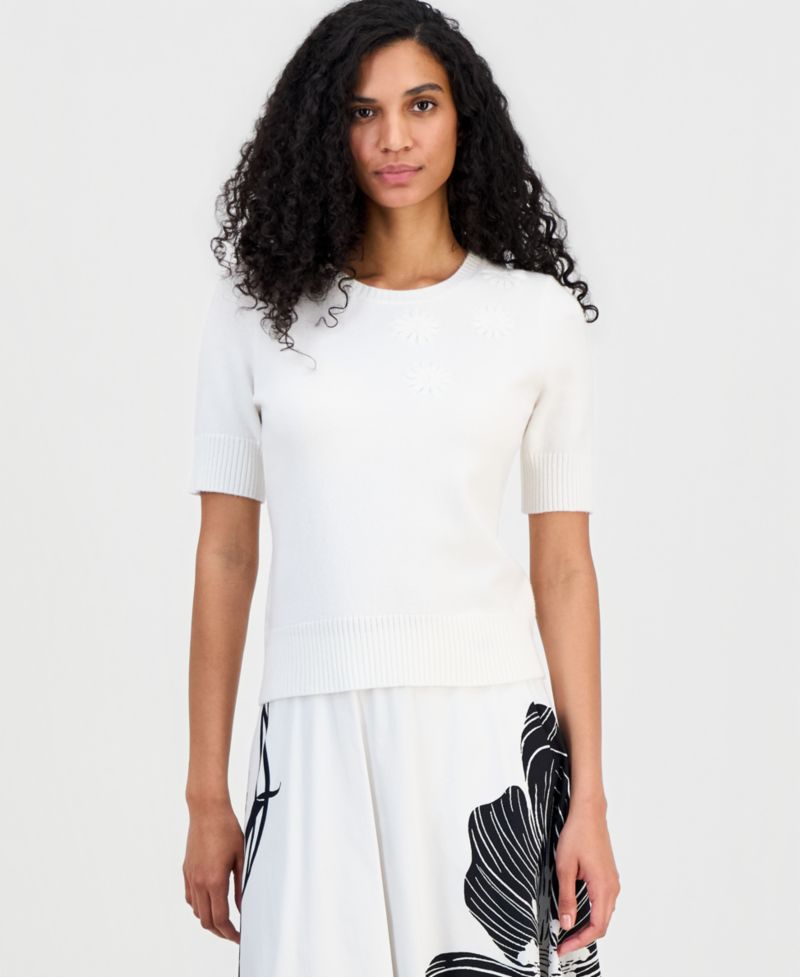 Women's Floral-Appliqu&eacute; Short-Sleeve Sweater