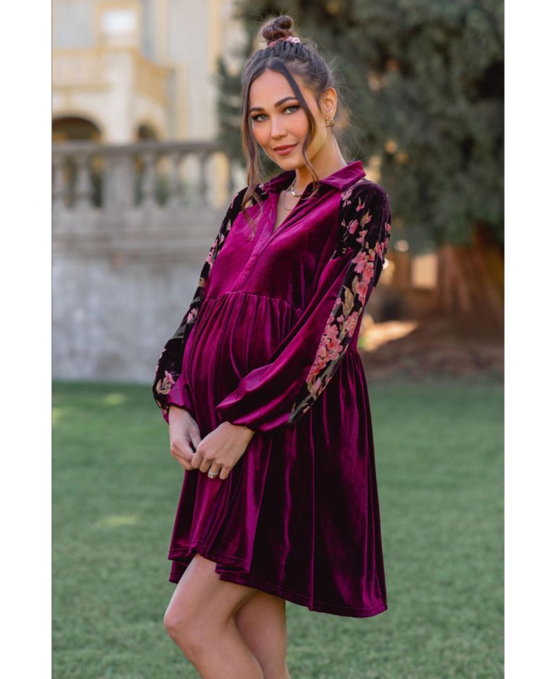 Maternity Velvet Floral Long-Sleeve Dress