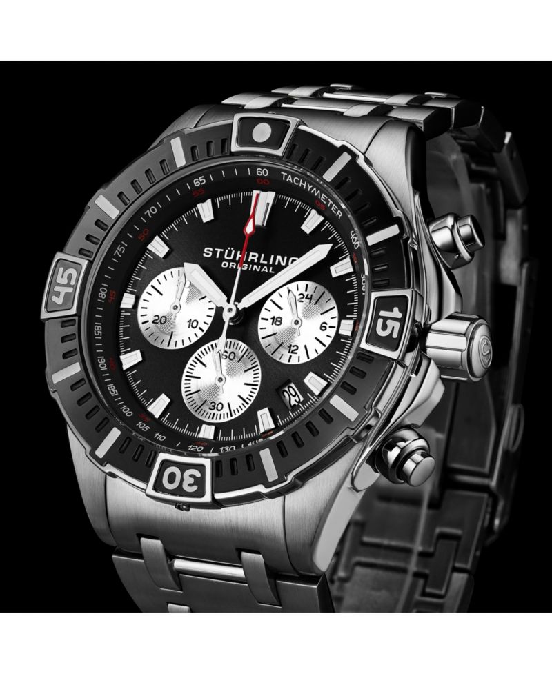 1022 Men s Chronograph Watch Quartz Movement Black Dial Silver Subdials Black Bezel Stainless Steel Case and Bracelet 50M Water Resistant