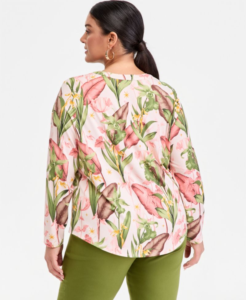 Plus Size Printed Split-Neck Long-Sleeve Top