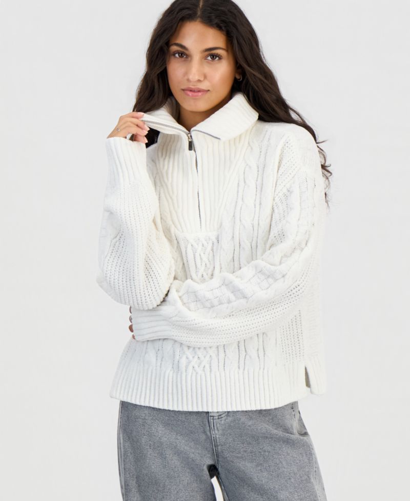 Juniors' Cable-Knit Quarter-Zip Long-Sleeve Sweater