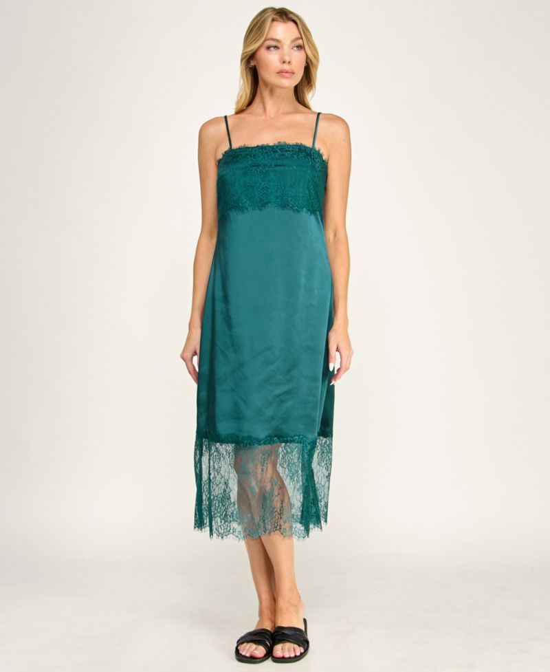 Juniors' Sleeveless Lace and Satin Slip Midi Dress