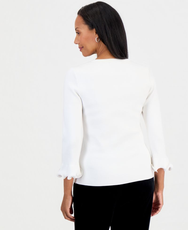 Petite Crew Neck Sculptural Cuff 3/4-Sleeve Sweater