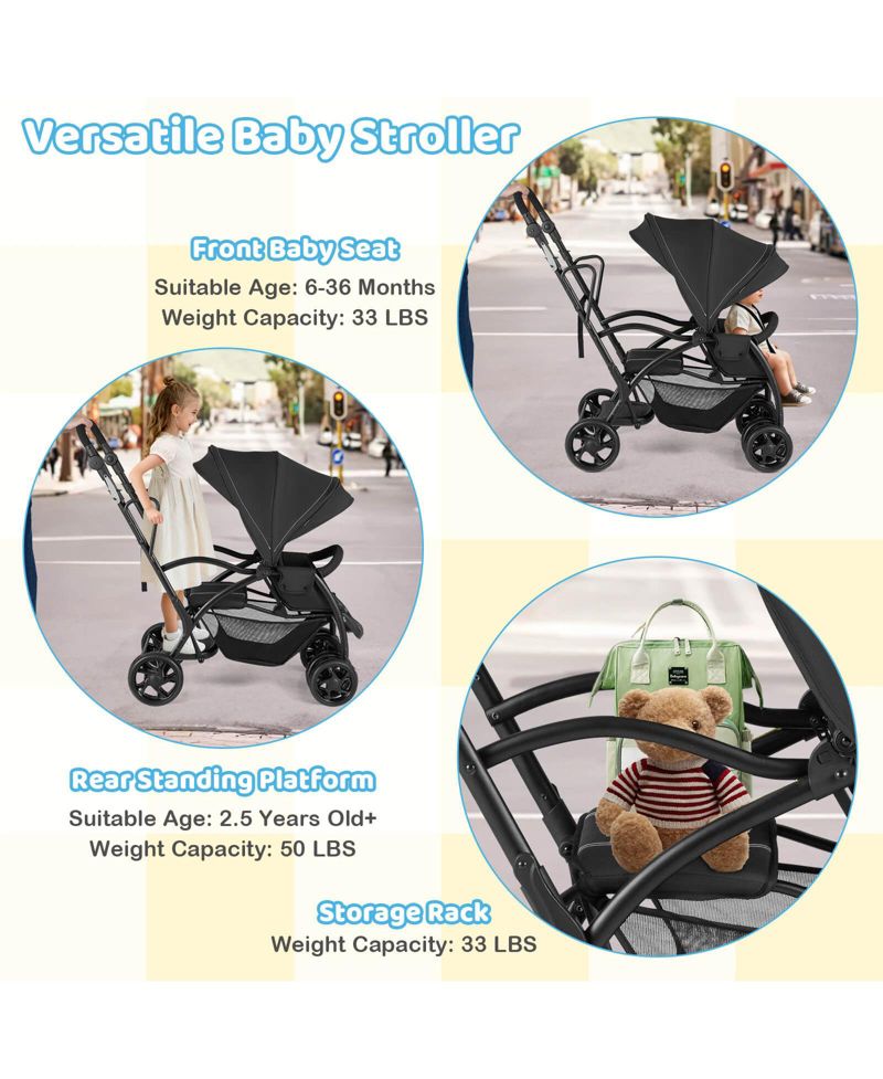 Sit and Stand Double Stroller with Adjustable Handle Bar Backrests Footrest Canopies