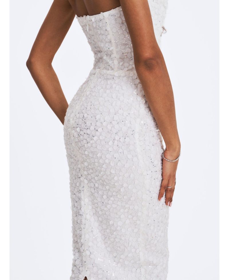 Women's Myra White Beaded Mesh Strapless Wedding Dress