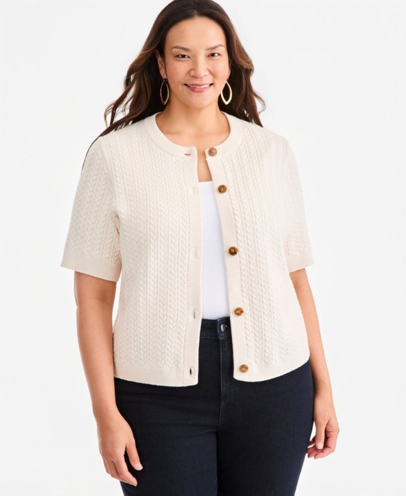 Petite Cable-Knit Short-Sleeve Crewneck Cardigan