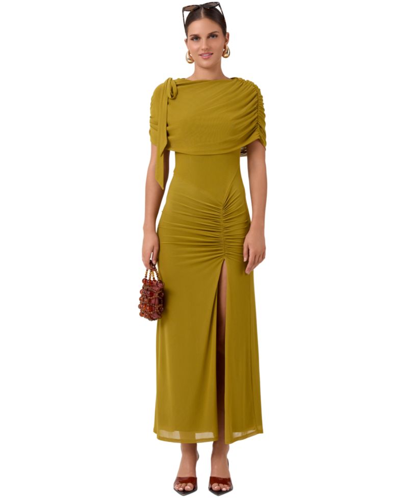 Women's Ivy Mesh Midi Dress, Off-the-Shoulder, Ruched, Front Slit