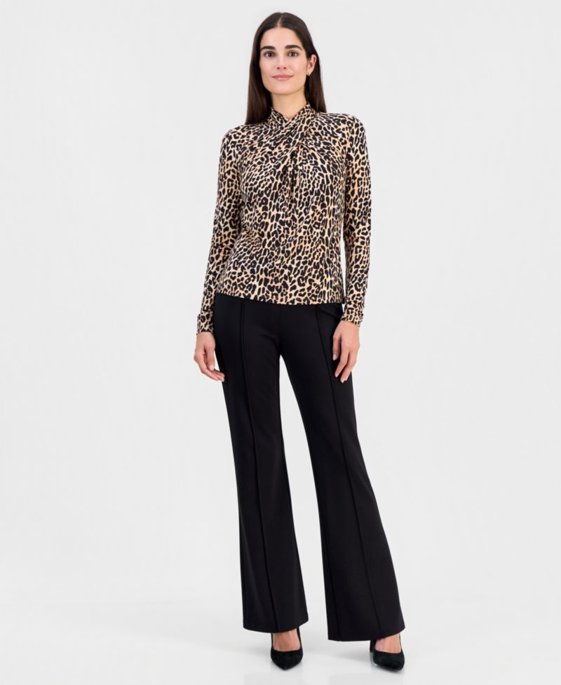 Women's Printed Draped-Neck Long-Sleeve Top