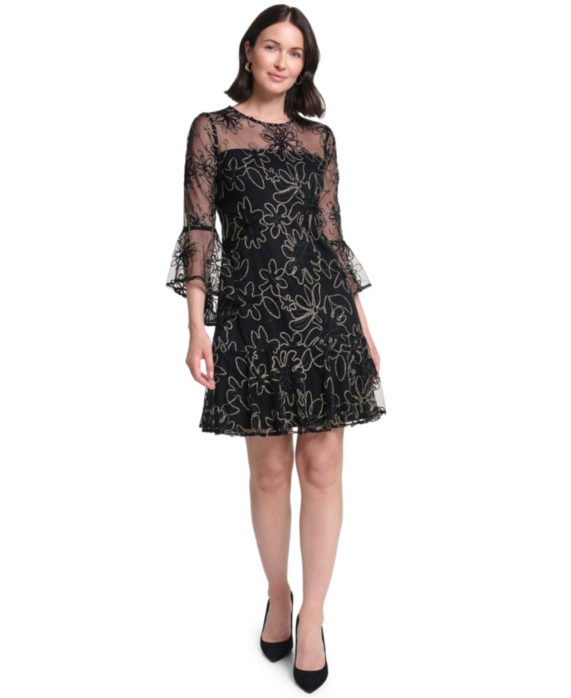 Petite A-Line Bell-Sleeve Floral-Print Dress