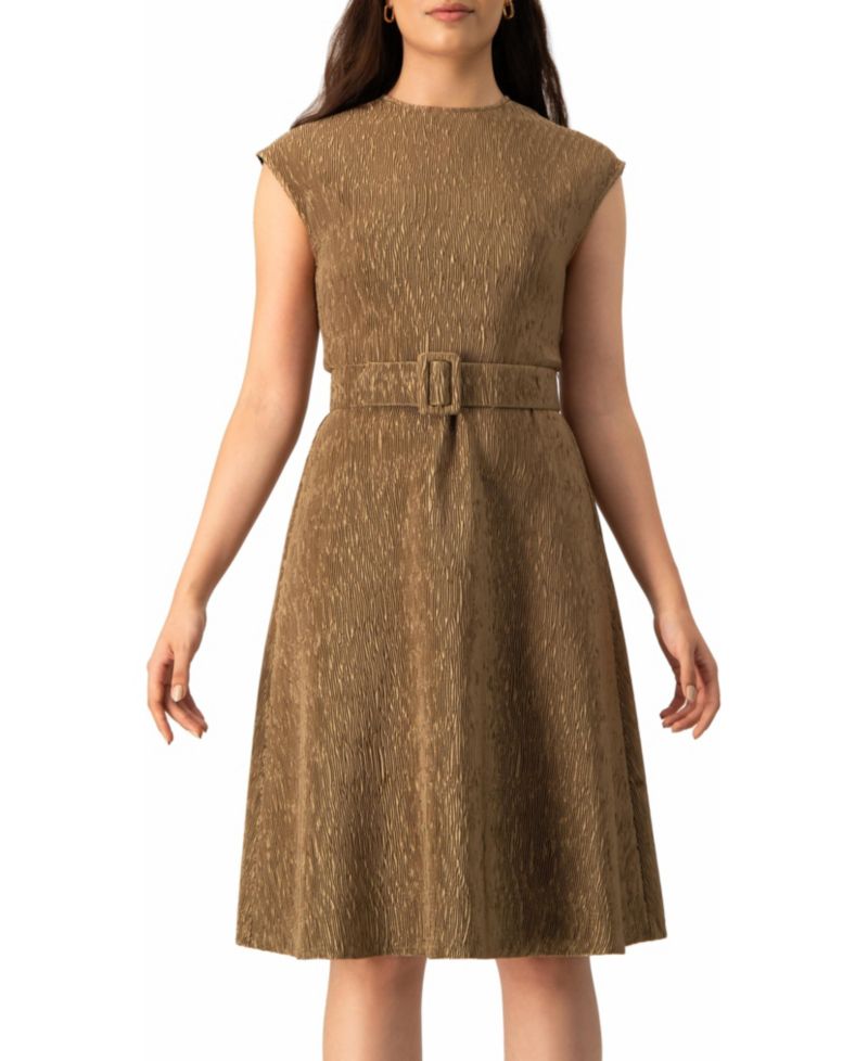Women's Textured Belted A-Line Dress, Cap Sleeve Fit-and-Flare with Buckle Belt