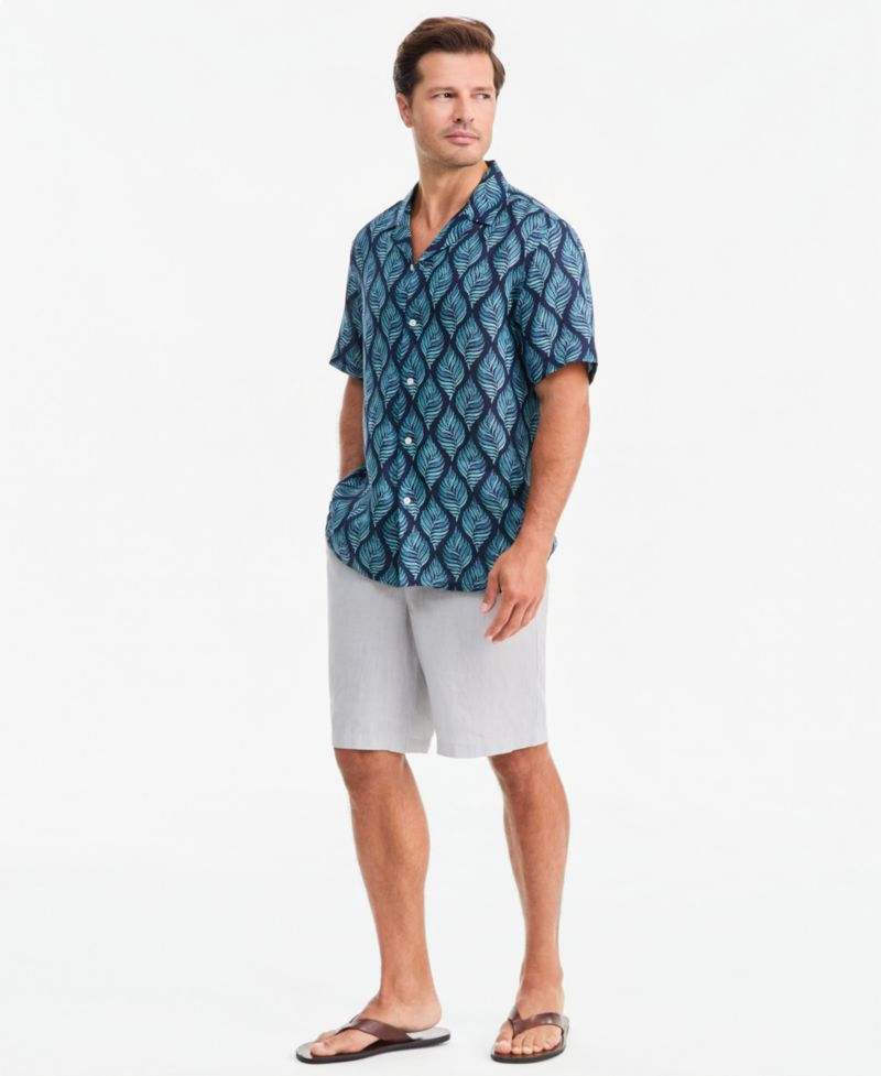 Men's Linen Leaf-Print Short-Sleeve Shirt