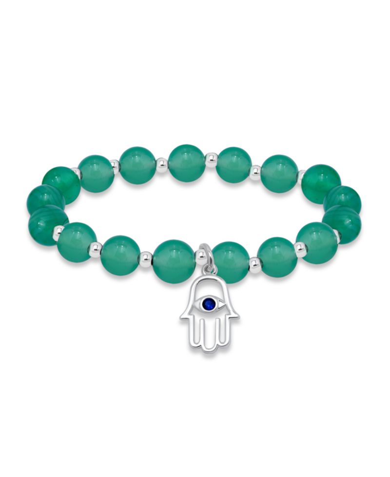 Silver-Plated Beaded Hamsa Hand Charm Stretch Bracelet
