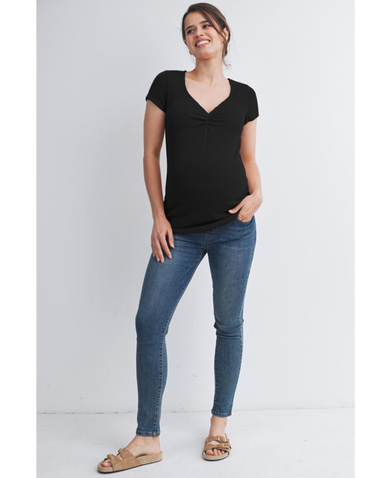 Maternity Ribbed Sweetheart Neck Short-Sleeve Top
