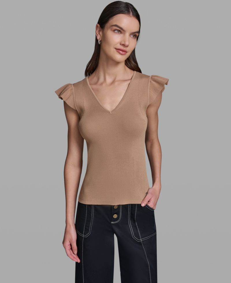 Women's V-Neck Flutter Cap-Sleeve Sweater