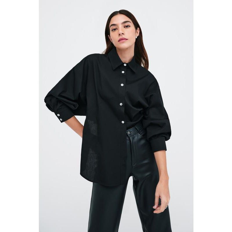 Women's Ezra Cropped-Back Cotton Poplin Button-Up Shirt with Dolman Sleeves