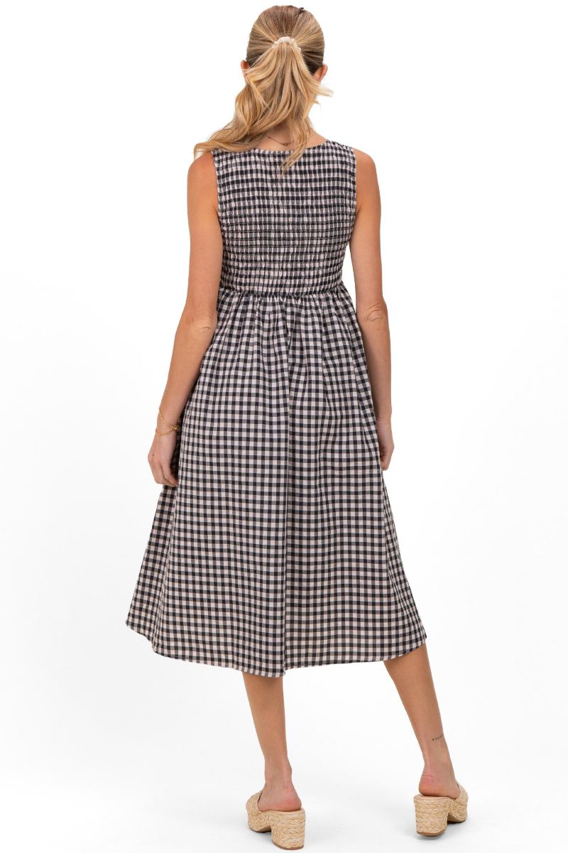 Women's Red Gingham Smocked Sleeveless Midi Dress