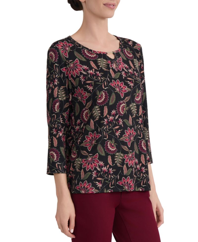 Petite Keyhole 3/4-Sleeve Floral-Print Knit Blouse