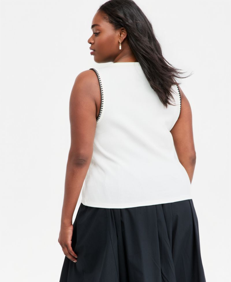 Women's Sleeveless Rib-Knit Whipstitch Button Front Top