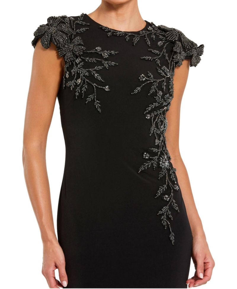 Women's Beaded-Floral Cap-Sleeve Column Gown
