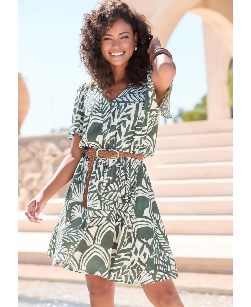 Women's Viscose Printed Flutter-Sleeve Fit-and-Flare V-Neck Short Dress