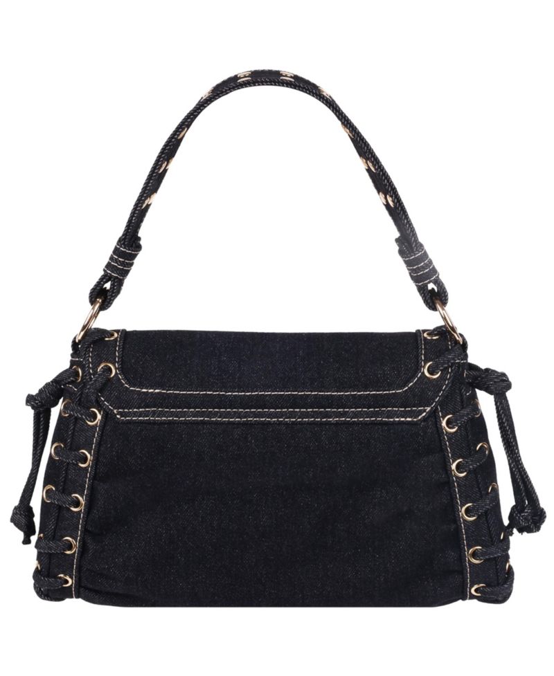 Studded Horseshoe Eyelet Denim Flap Bag