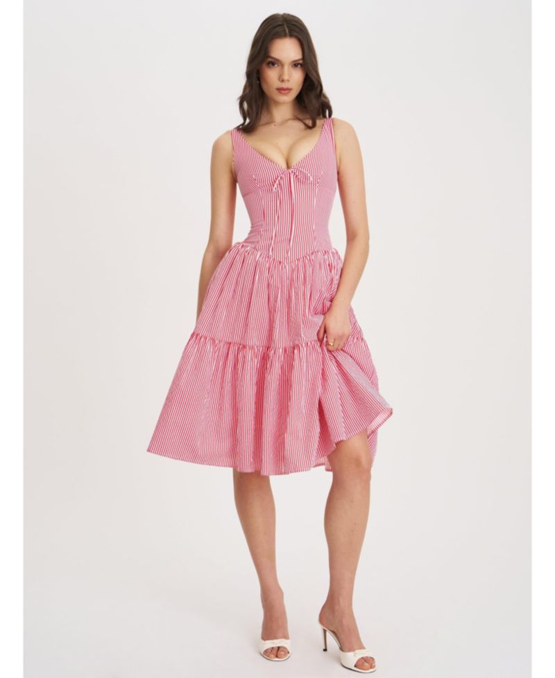 Women's Oceana Red Candy Stripe Drop Waist Midi Dress