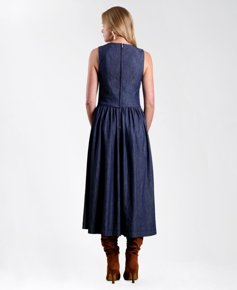Women's Denim Vest Twofer Sleeveless V-Neck A-Line Midi Dress