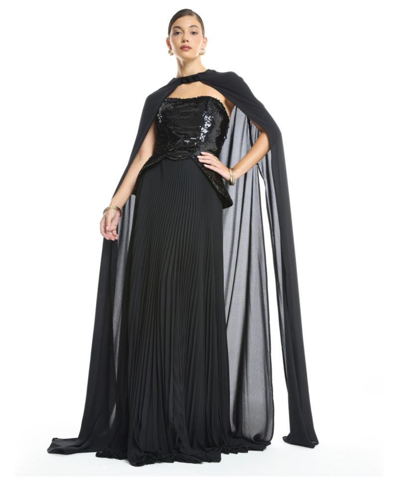 Women's Sequin Bustier Pleated Evening Gown with Detachable Cape