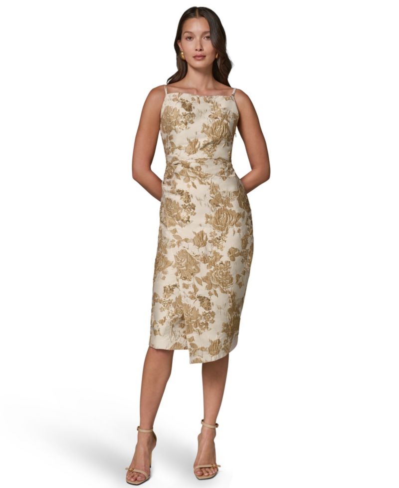 Women's Sleeveless Jacquard Square Neck Midi Sheath Dress