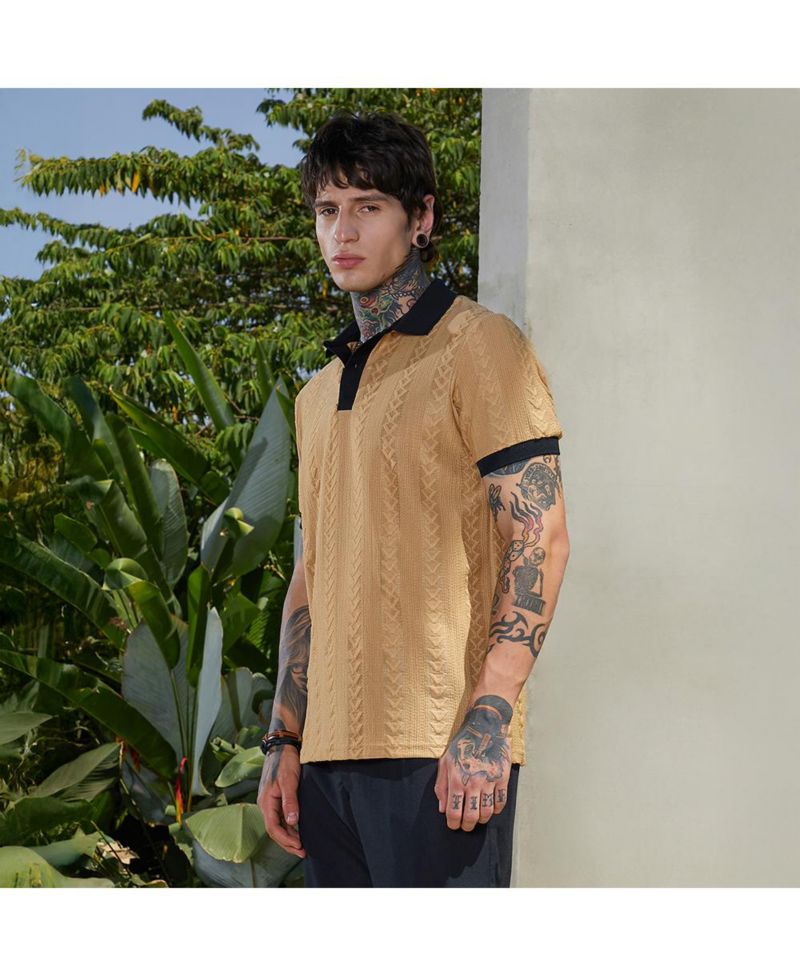 Men's Buff Beige and Obsidian Black Arc-Tactile Polo T-Shirt