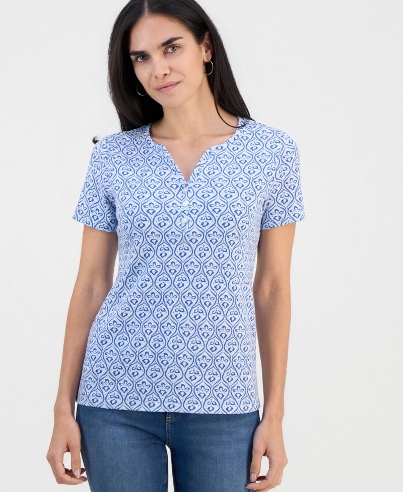 Petite Printed Short-Sleeve Henley Top