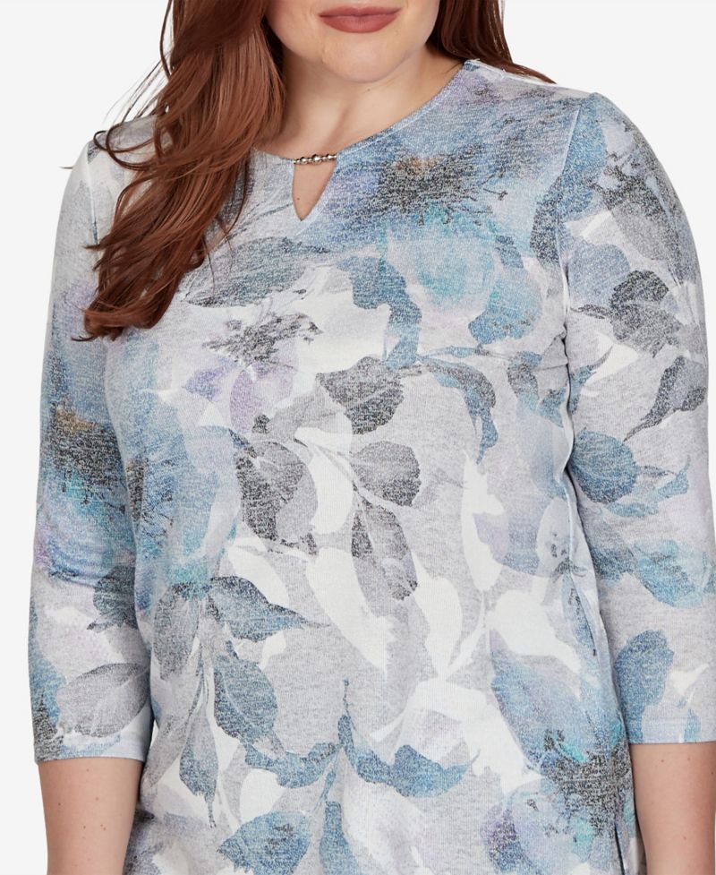 Women's Floral 3/4-Sleeve Keyhole-Neck T-Shirt