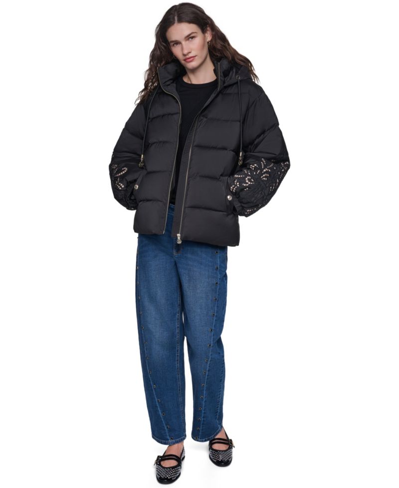 Women's Floral-Embroidered Short Hooded Puffer Jacket