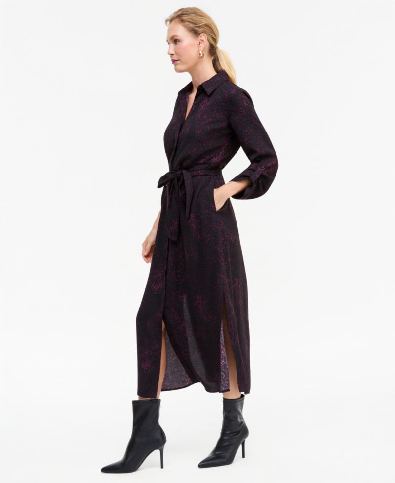Women's Long-Sleeve Printed Belted Shirt Dress