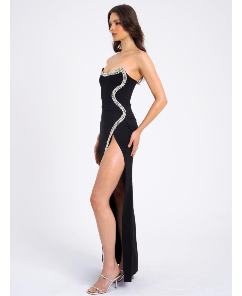 Women Xoana Black Crystal Embellished High Slit Gown