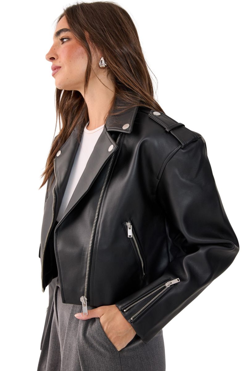 Women's Faux Leather Boxy Biker Jacket