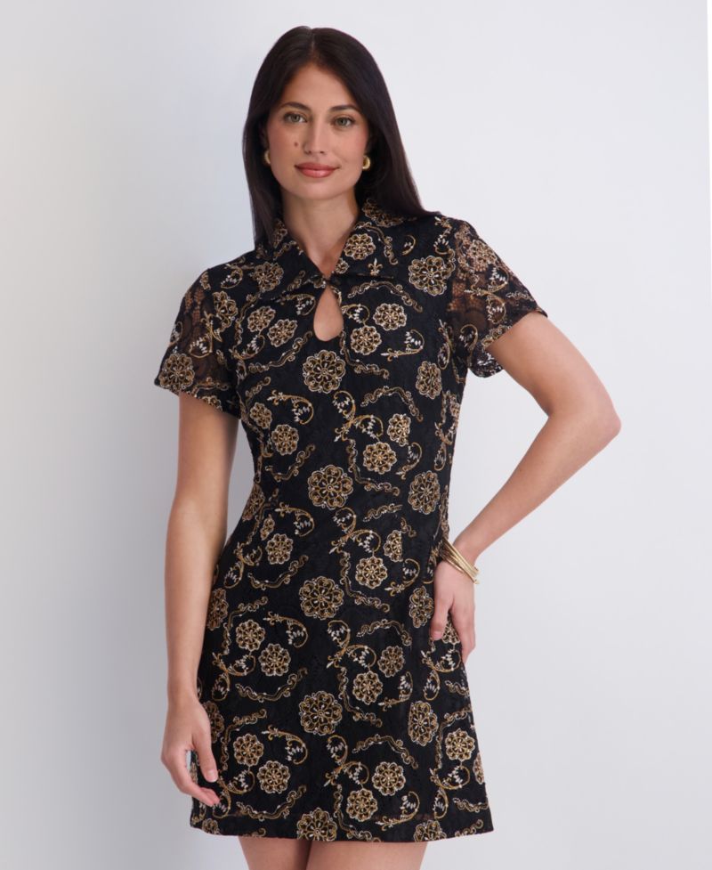 Women's Embroidered Stretch Lace Short-Sleeve Keyhole Dress