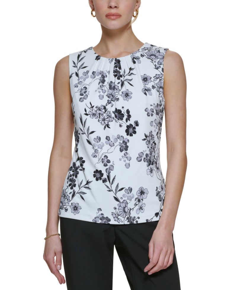 Printed Pleat-Neck Blouse
