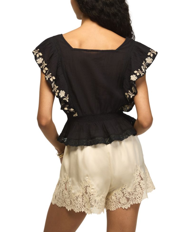 Women's Contrast Embroidered Square Neck Ruffle Top