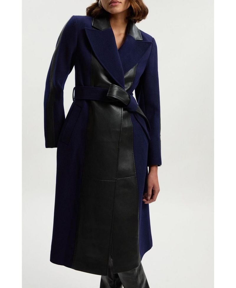 Women's Wool Pu Mix Belted Midi Coat