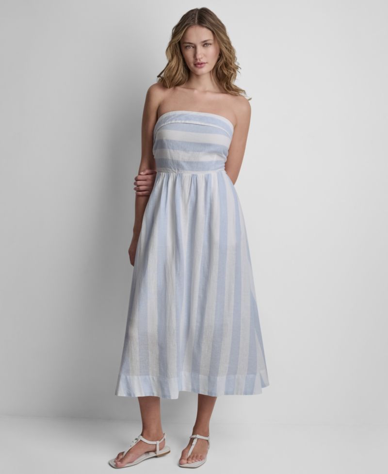 Women's Striped Strapless Linen-Blend Midi Dress