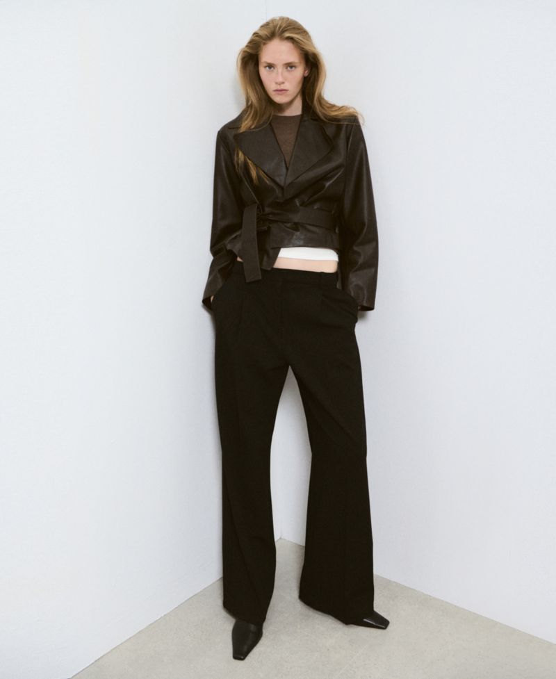 Women's Selection Leather Belted Cropped Trench Jacket
