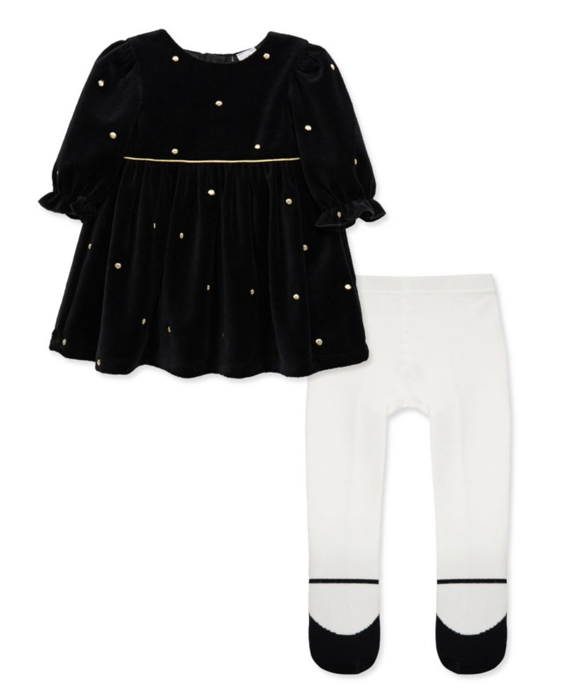 Baby Girls' Gold Dot Mesh Long-Sleeve Dress and Tights, 2-Piece Set