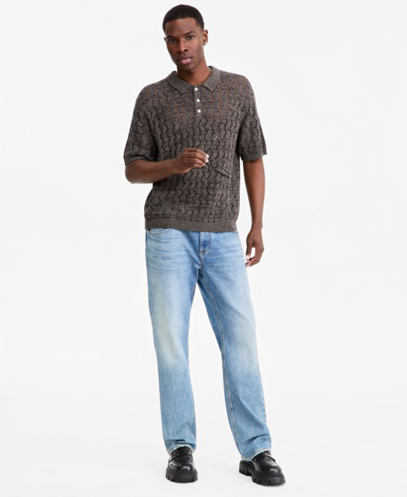 Men's Zig Zag Trim Open-Knit Panel Classic Fit Polo Shirt