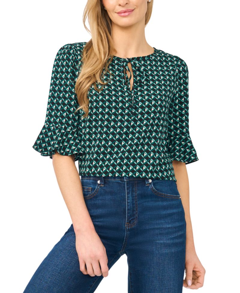 Women's Split-Tie-Neck 3/4-Sleeve Ruffle-Cuff Blouse