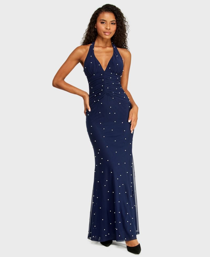 Juniors' Halter Mesh and Imitation Pearl Gown with Ruched Bodice