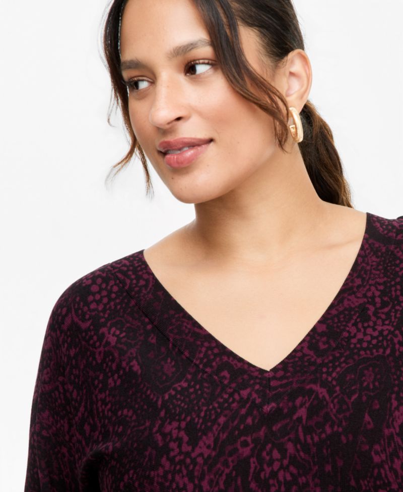 Plus Size Paisley V-Neck Long-Sleeve Sweater