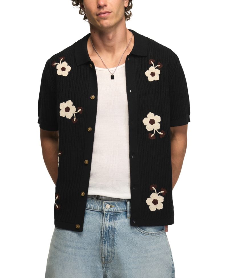 Men's Flower Embroidery Crotchet Button-Down Sweater